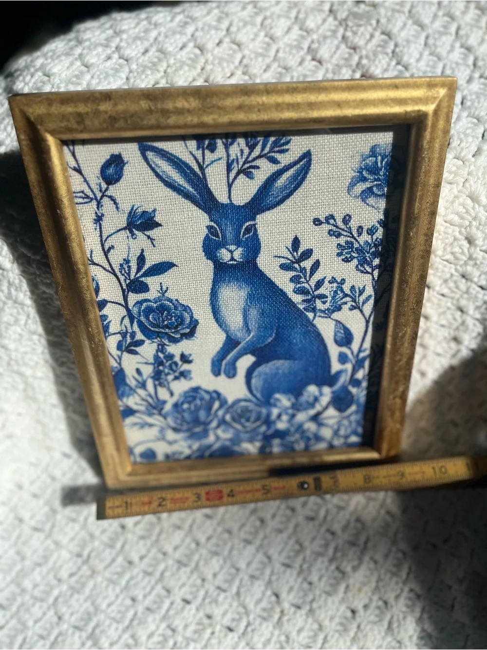 Blue & White Bunny Floral Fabric in Gold Frame